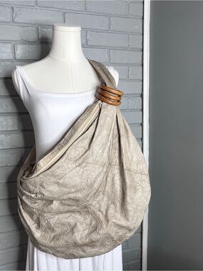 Brio! XL Taupe Hobo Beige Leather Bag Vintage Velour Bohemian Carry-All